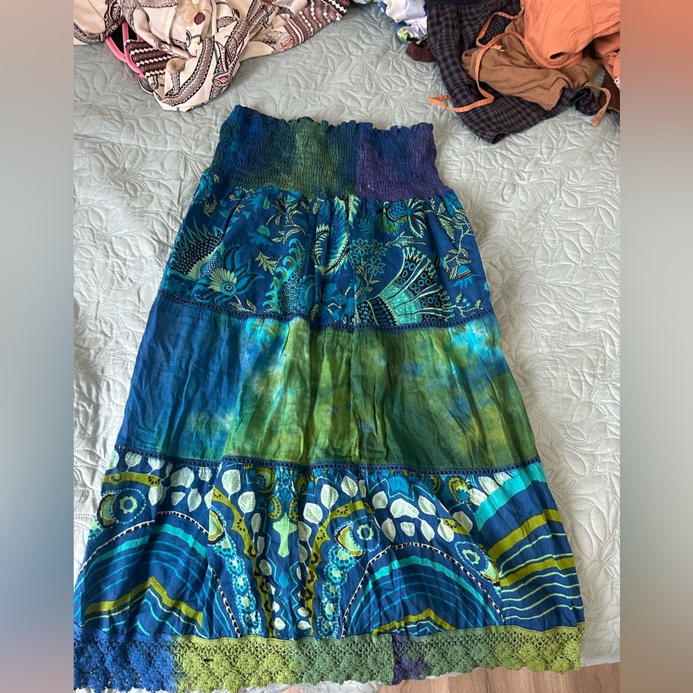 Jasmine Blue and Green Smocked Tiered Maxi Skirt